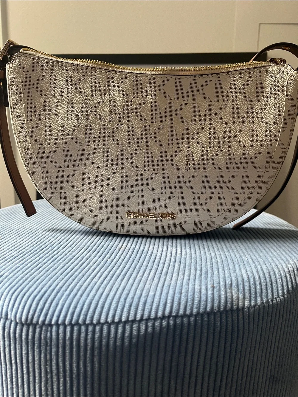 Michael Kors Crescent Crossbody in Cream and Brown with Gold Hardware
